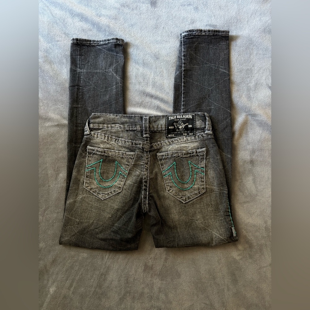 True Religion Black/Gray Jeans with Teal Stitching